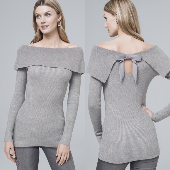White House Black Market Tops - WHBM METALLIC SILVER DOME NECKLINE STRETCH TOP MED